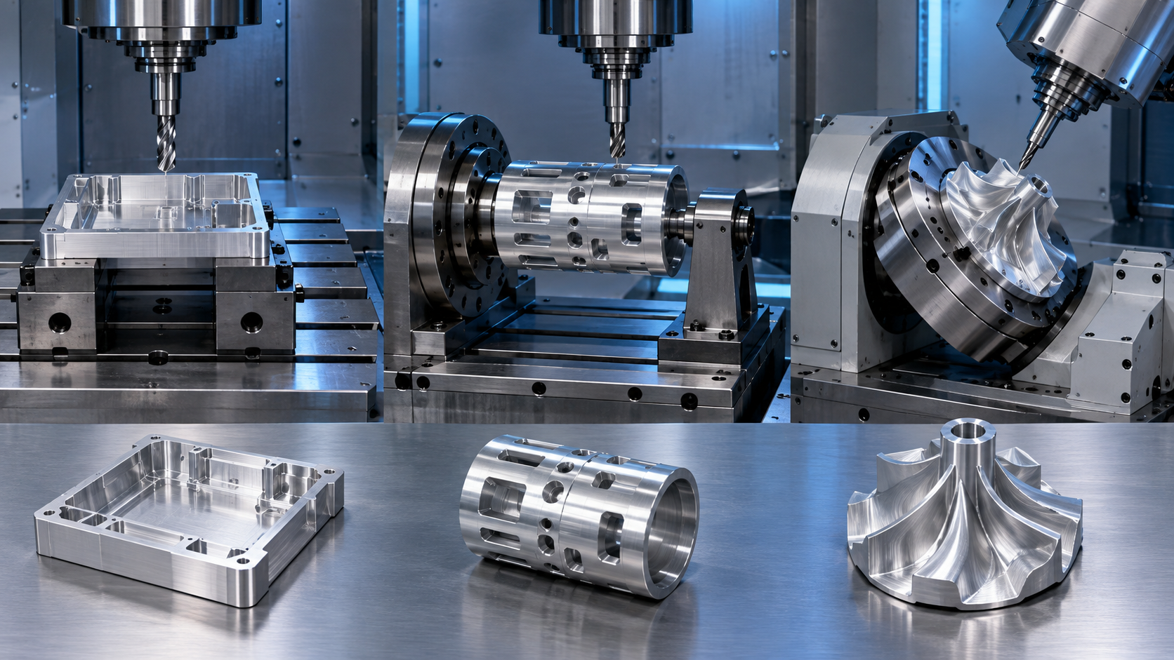 Three aluminum parts arranged with 3-axis 4-axis and 5-axis CNC machining setups