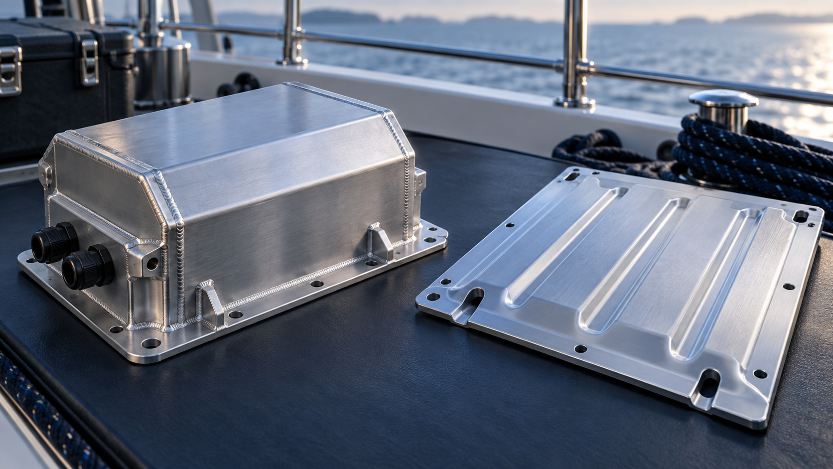 Conceptual comparison of a welded aluminum marine electronics enclosure and a formed corrosion-resistant aluminum panel