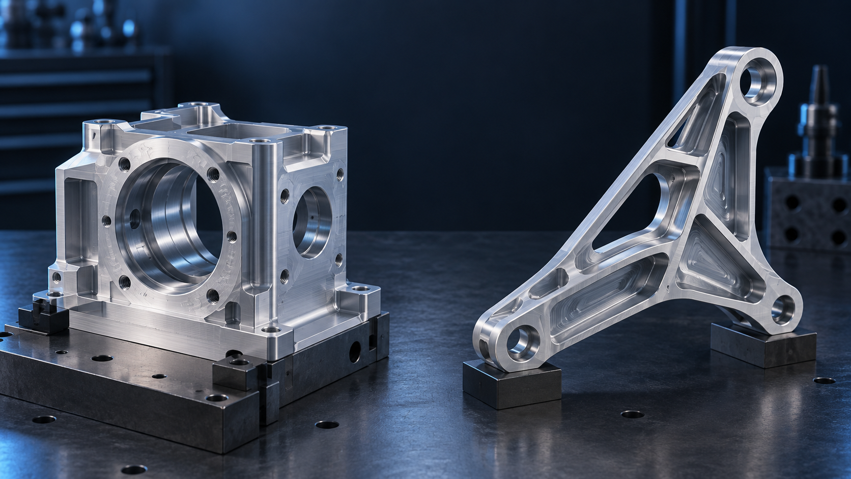 Conceptual comparison of a general-purpose machined aluminum housing and a lightweight high-load aluminum bracket