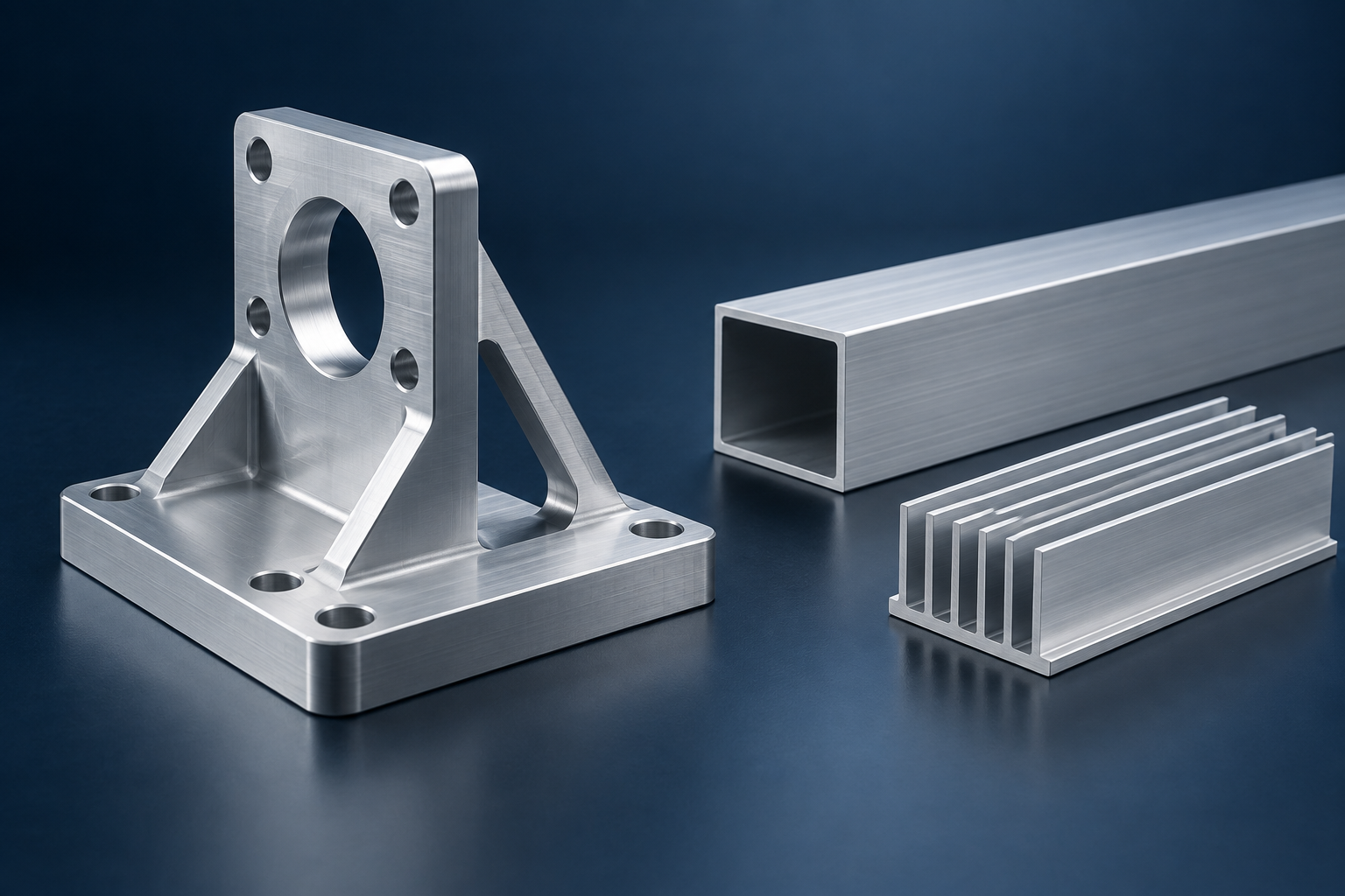 Illustrative machined aluminum bracket alongside a hollow extrusion and a finned heat sink
