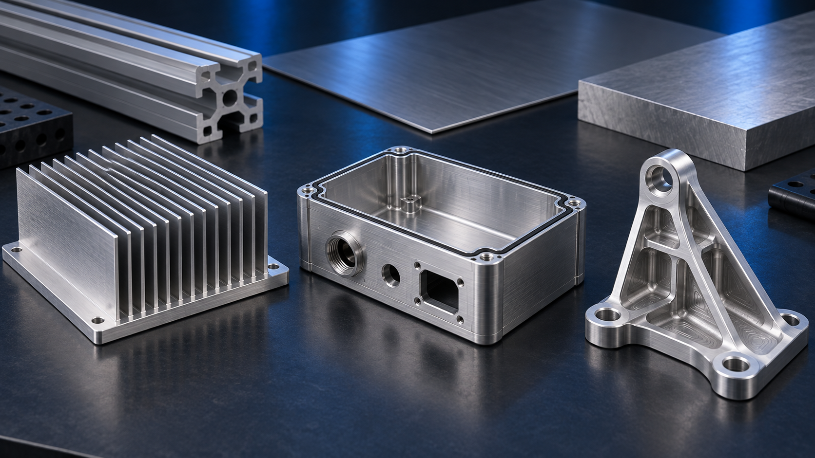 Conceptual comparison of an aluminum heat sink a machined electronics enclosure and a lightweight structural bracket