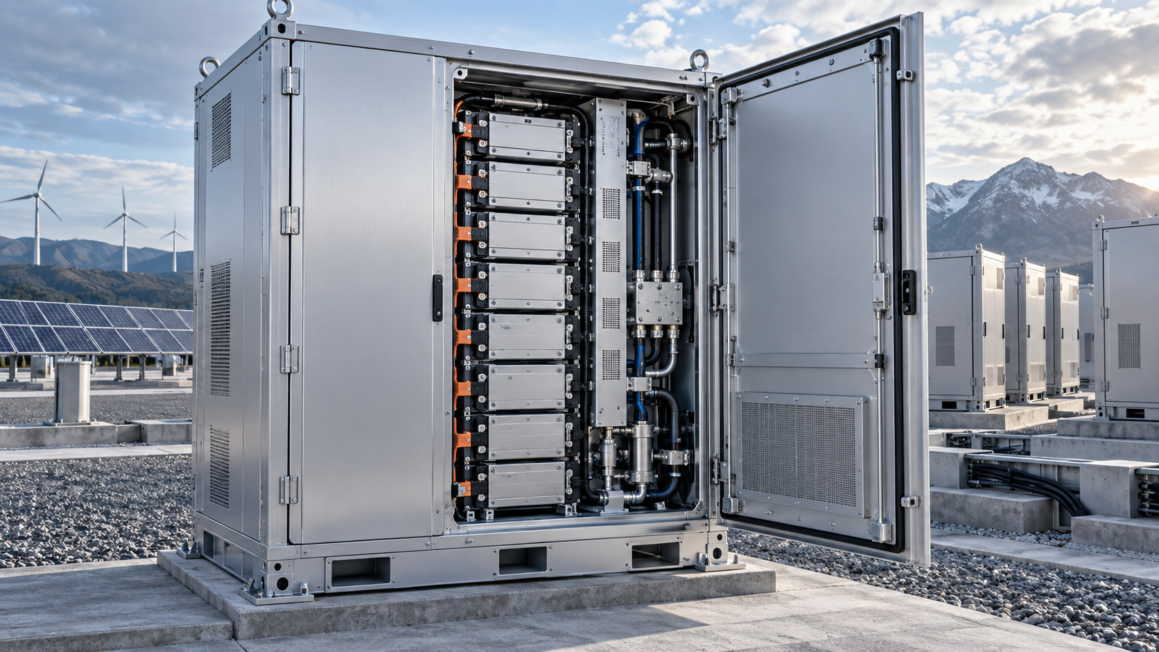 Outdoor aluminum battery energy storage enclosure with modular battery racks cooling manifold sealed door and structural base