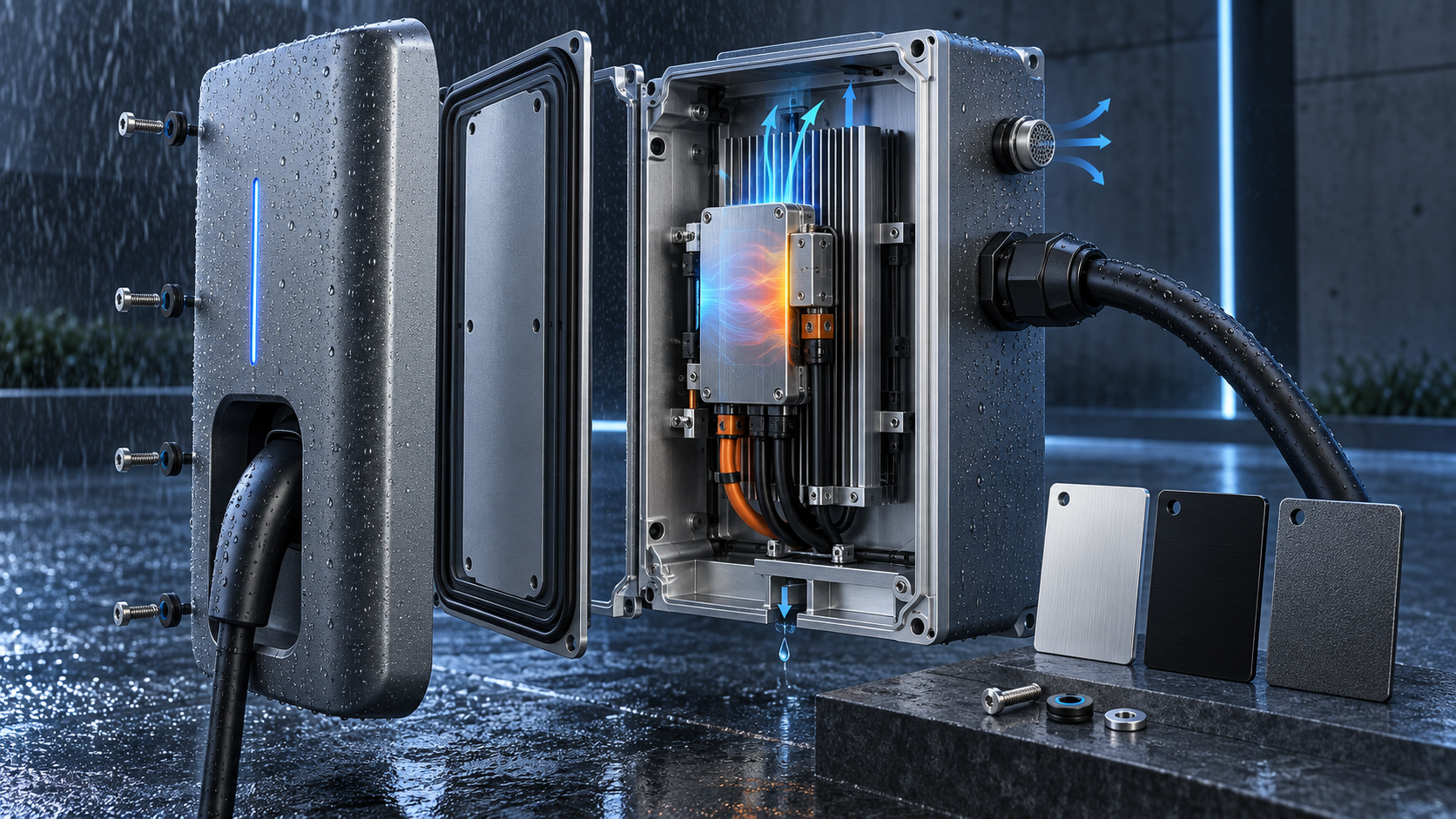 Exploded aluminum EV charging station enclosure showing heat sink gasket cable gland drain vent and finish samples