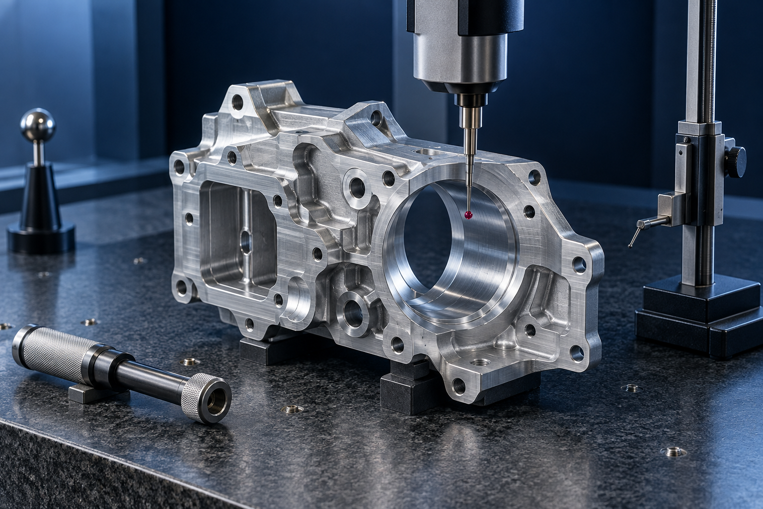 AI illustration of a machined aluminum housing being inspected with a coordinate measuring machine probe