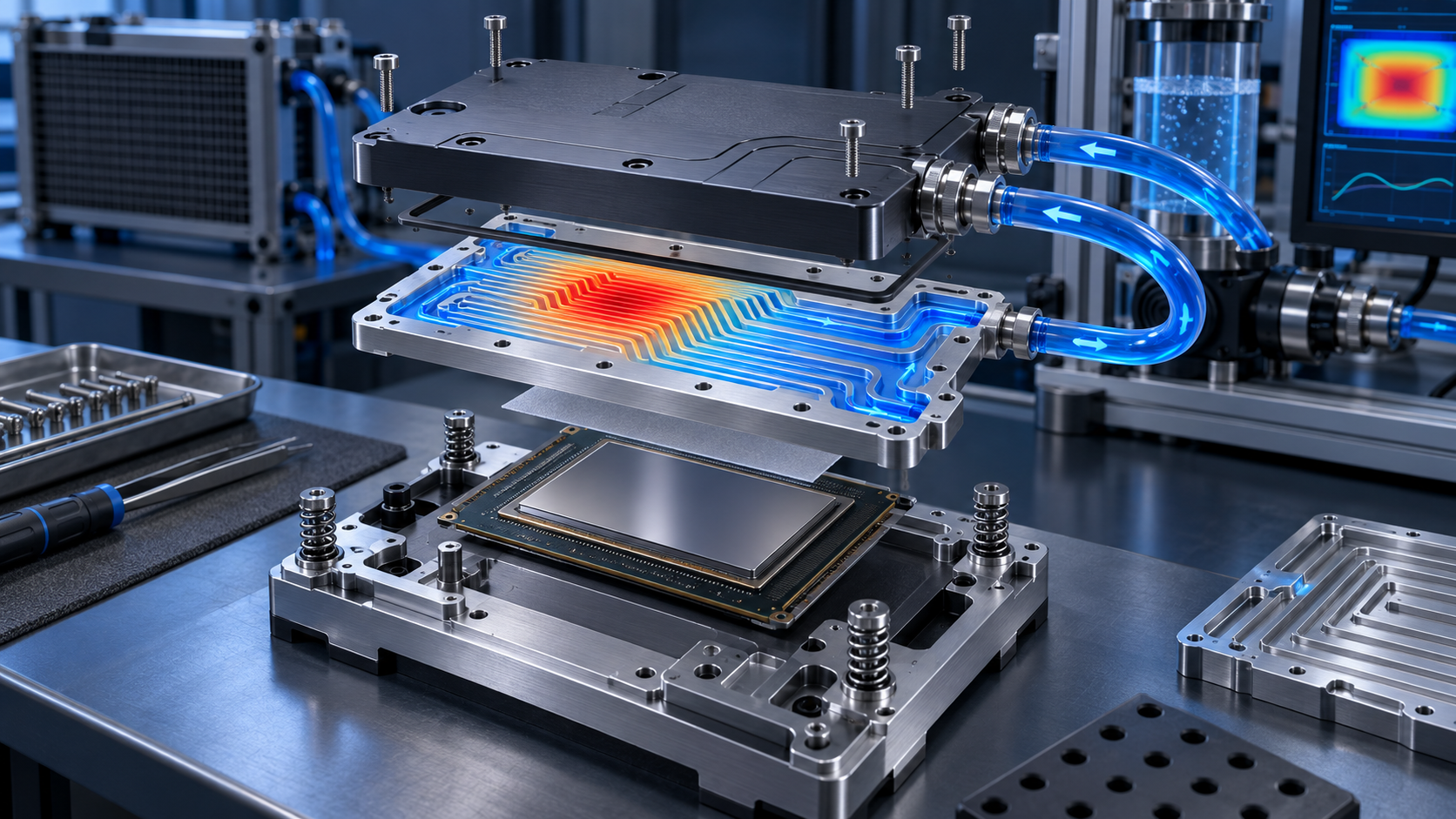 Exploded aluminum cold plate for AI server accelerator showing microchannels thermal interface mounting hardware and coolant flow