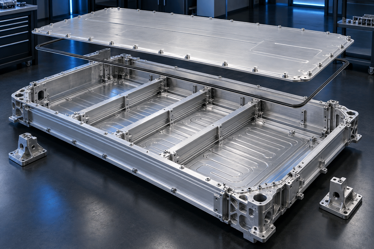 Exploded aluminum EV battery enclosure with extruded rails crossmembers formed tray cooling plate cover and machined corner nodes