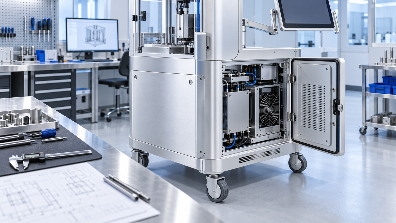 Precision aluminum frame and enclosure for mobile medical equipment with smooth panels sealed service door cooling duct and caster base