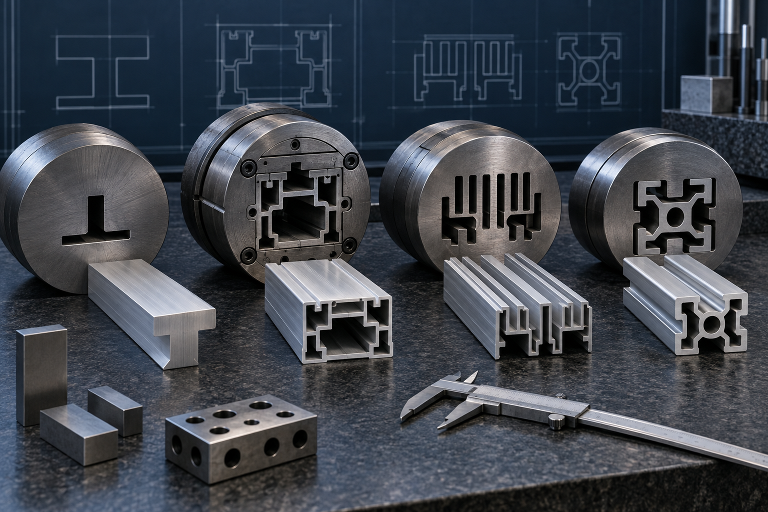 Solid and hollow aluminum extrusion dies displayed with matching profile samples
