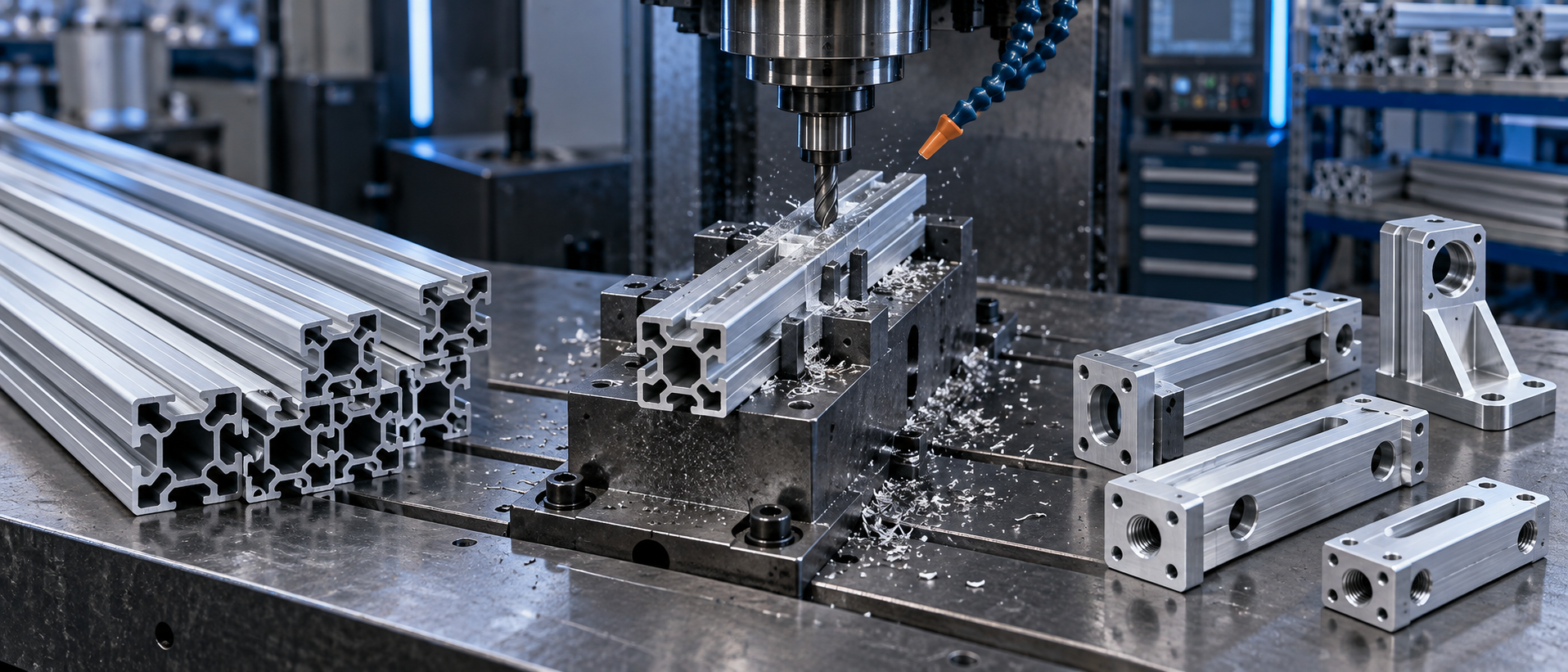 Custom aluminum extrusion profiles progressing through CNC machining into finished production components
