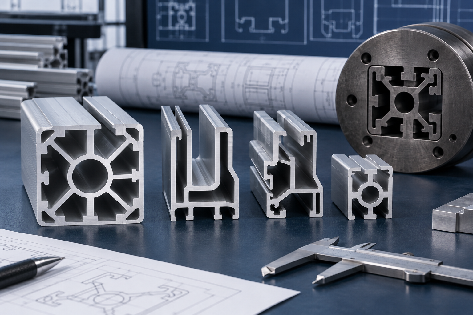 Aluminum extrusion profile cross-sections, extrusion die and caliper prepared for a manufacturability review