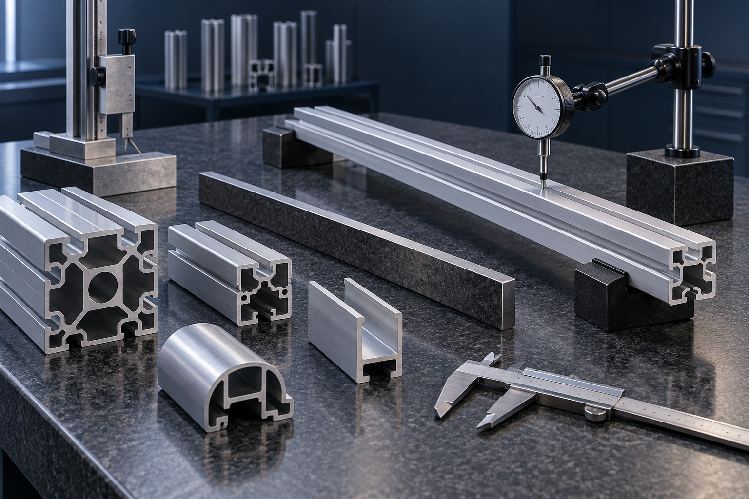 Aluminum extrusion profiles inspected for dimensional tolerances on a surface plate