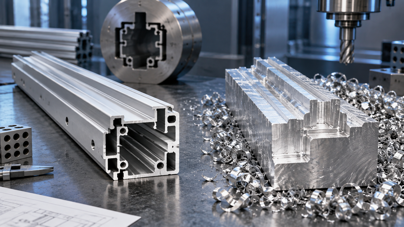 Custom aluminum extrusion beside a CNC-machined solid billet and aluminum chips