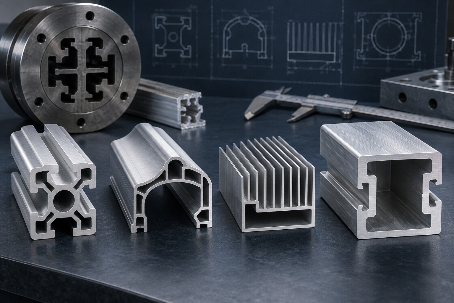Aluminum extrusion profiles with different wall thickness patterns arranged beside an extrusion die and caliper