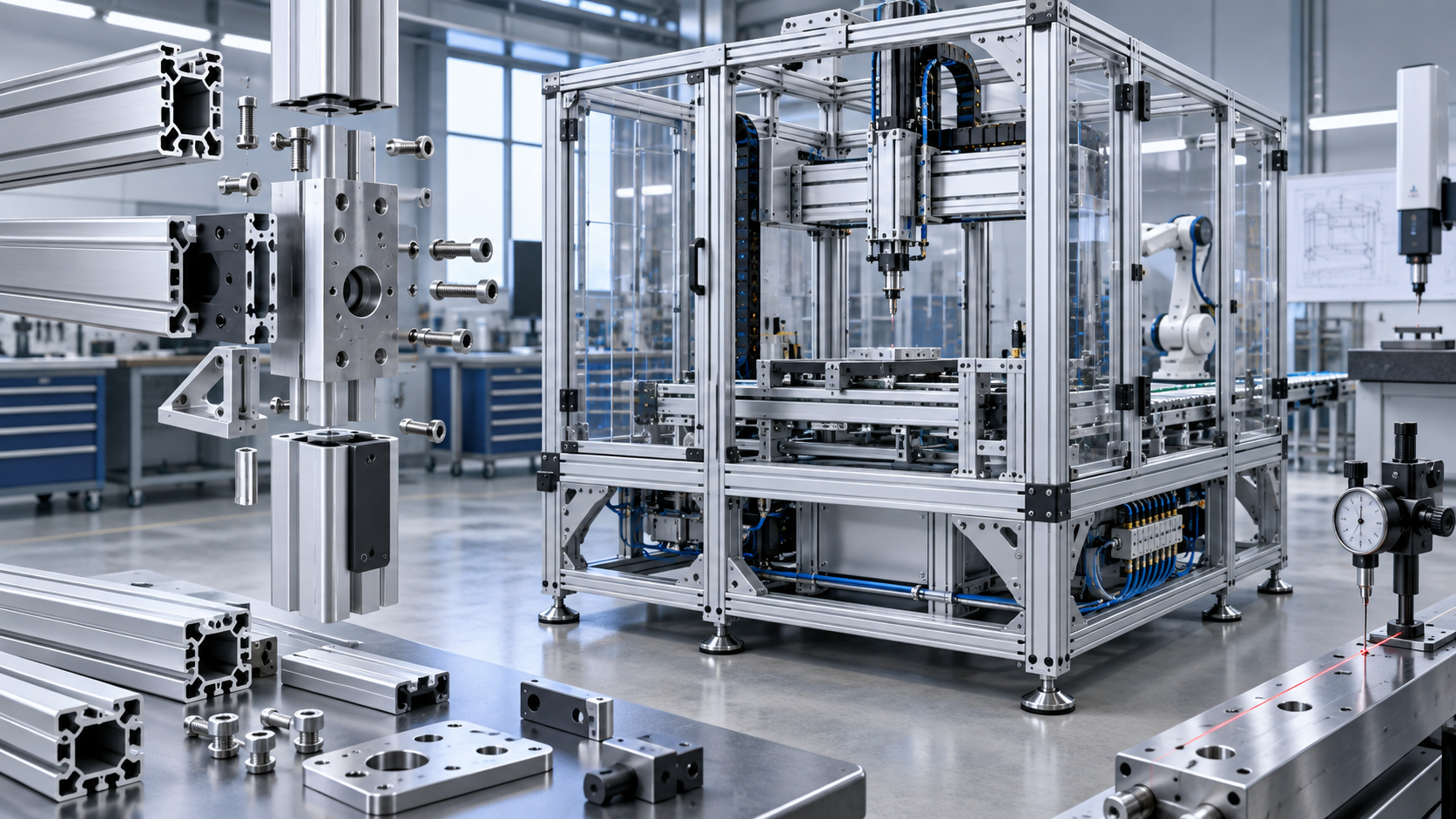 Modular aluminum frame for automated production equipment with extrusions guarding gantry machined plates and alignment inspection