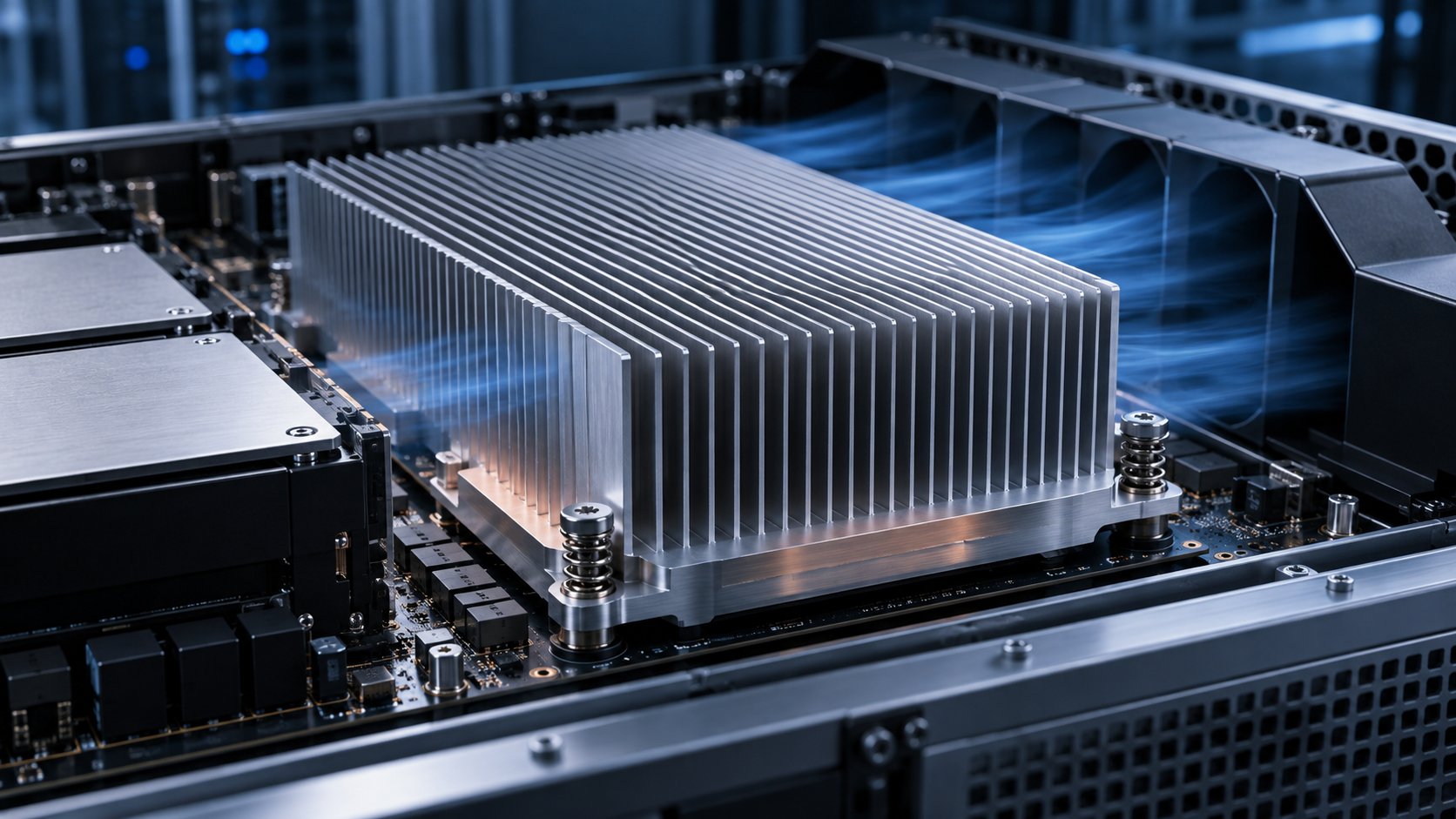 Precision aluminum heat sink with dense fins spring mounting and directed airflow inside a high-density compute server