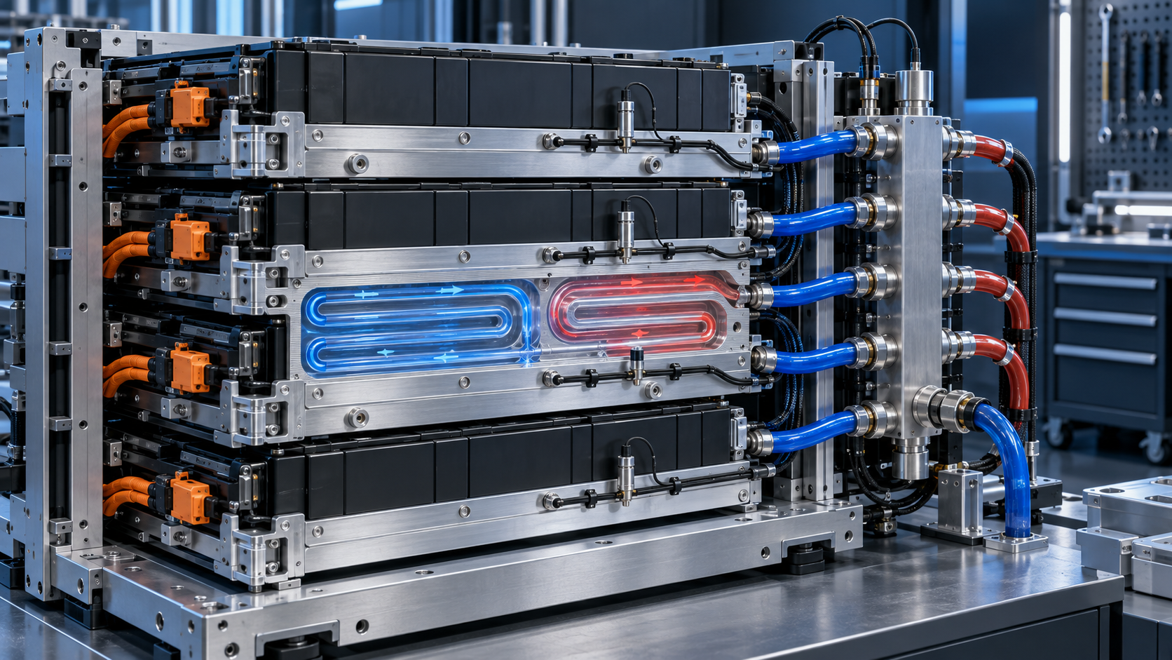 BESS battery rack with machined aluminum liquid cooling plates parallel manifold hoses sensors and visible coolant channels