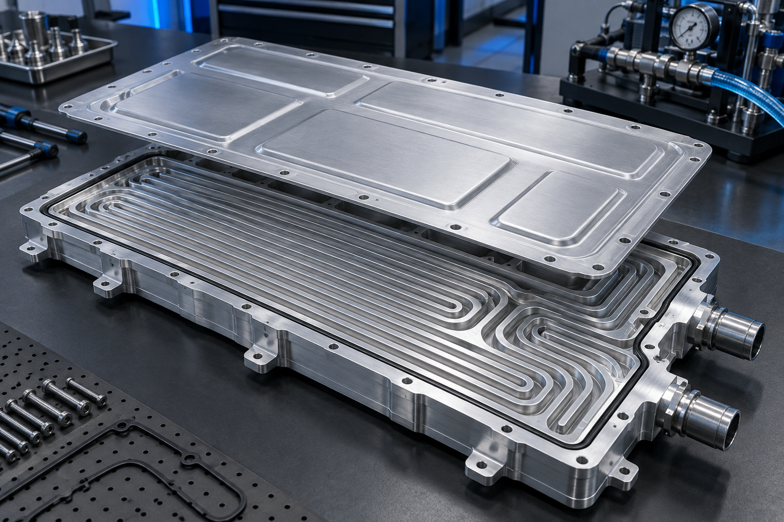 Exploded aluminum EV battery liquid cooling plate with machined coolant channels cover plate ports and test fixture