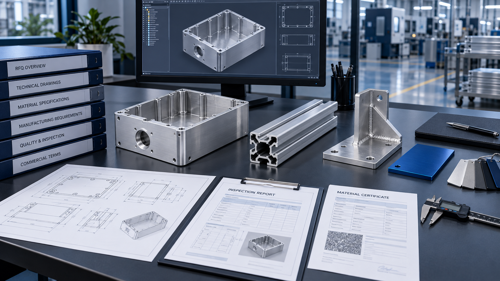 Complete aluminum manufacturing RFQ package with CAD model drawing machined enclosure extrusion welded bracket finish samples and inspection documents
