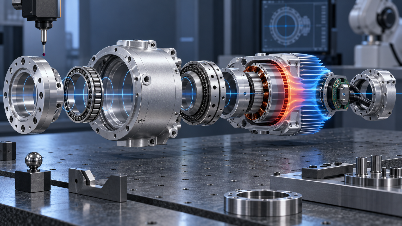 Exploded aluminum robot joint actuator housing with bearings reducer motor encoder coaxial centerline and thermal path