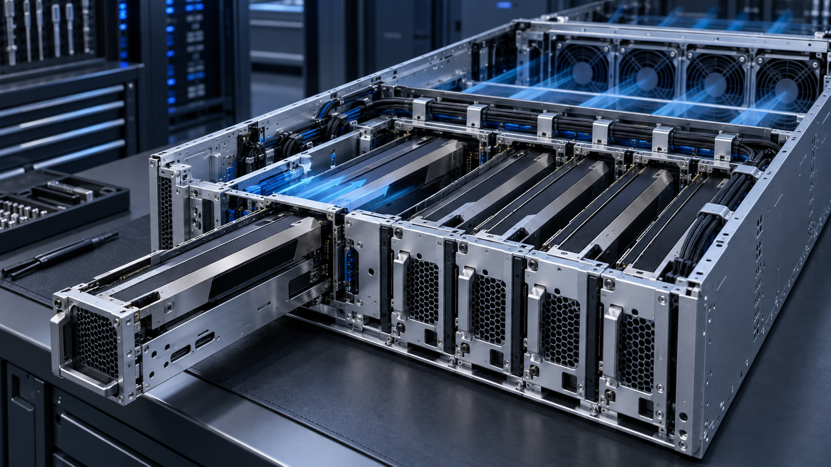 Open aluminum GPU server enclosure with structural rails removable accelerator trays cable routing and front-to-back airflow