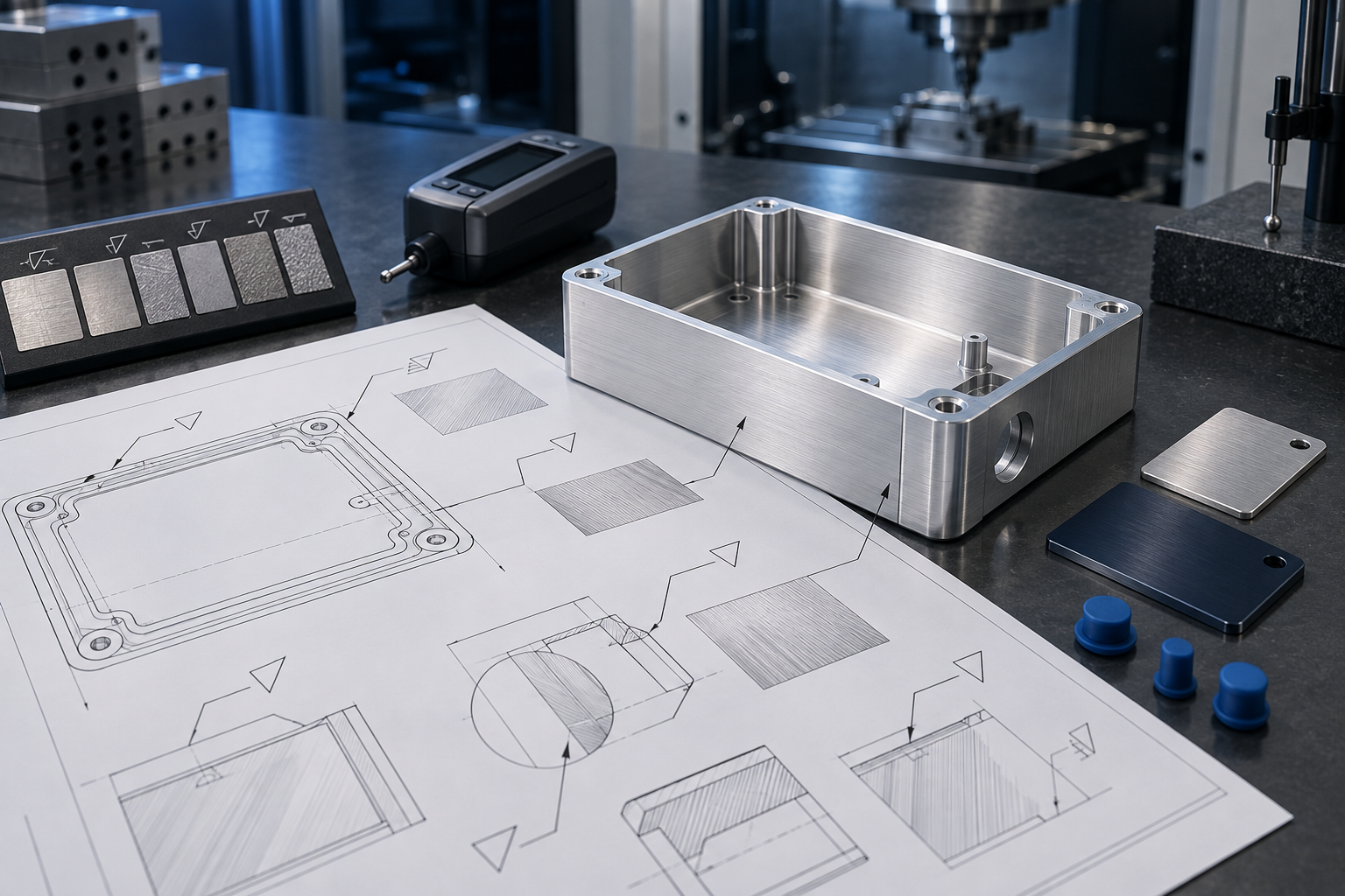 Engineering drawing beside machined aluminum enclosure finish coupons and surface inspection tools