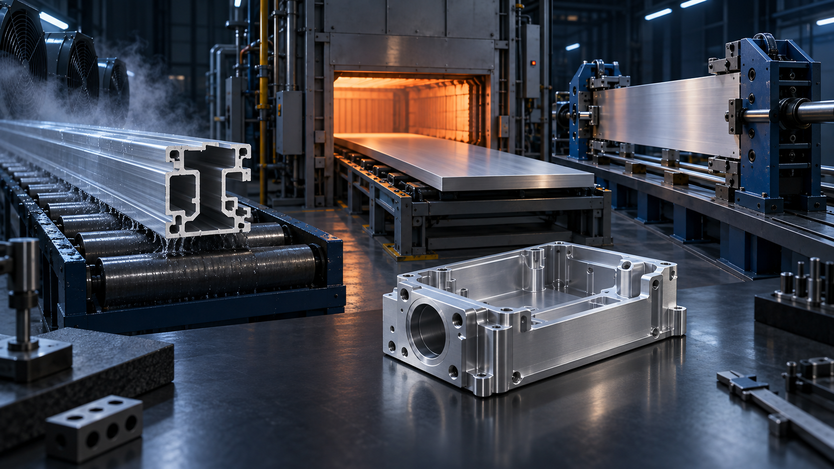 Conceptual aluminum temper process showing an extrusion cooling a plate near heat treatment and controlled plate stretching