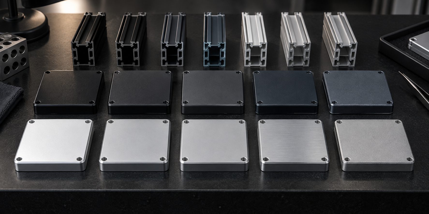 Rows of matching anodized aluminum parts showing subtle black gray and silver color variation
