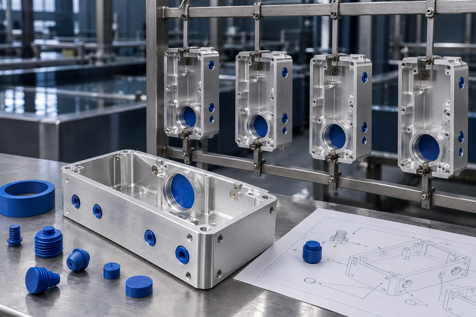 CNC aluminum enclosures with masking plugs and defined contact points on an anodizing rack