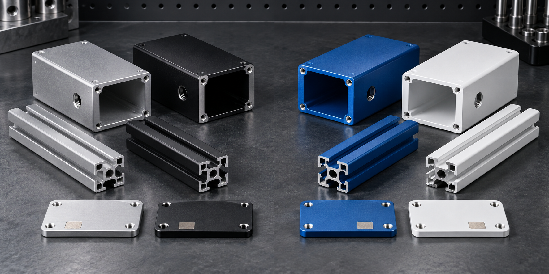 Matching aluminum enclosures and extrusions shown with anodized metallic and powder-coated opaque finishes