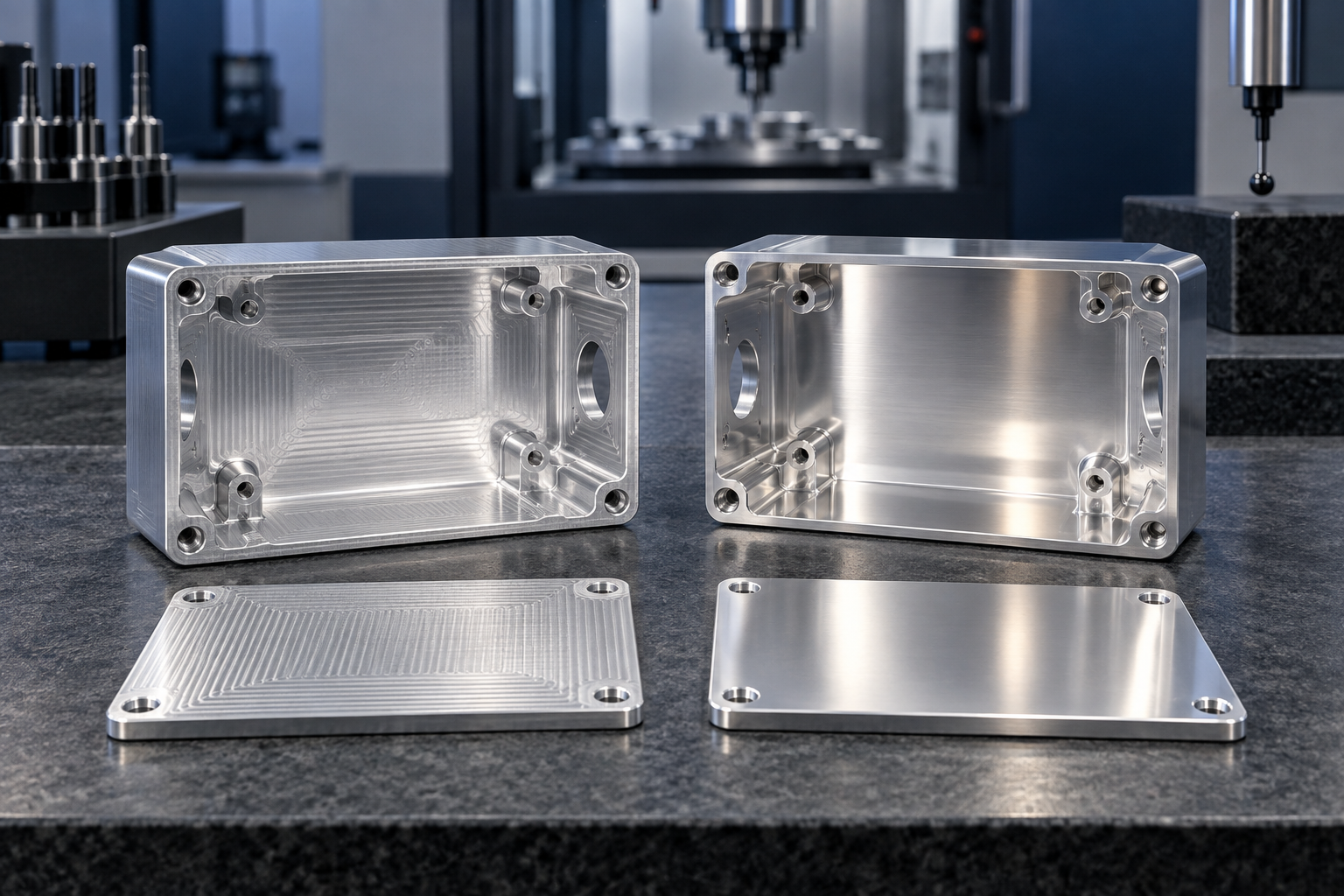 Side-by-side CNC aluminum enclosures and coupons with as-machined and polished finishes