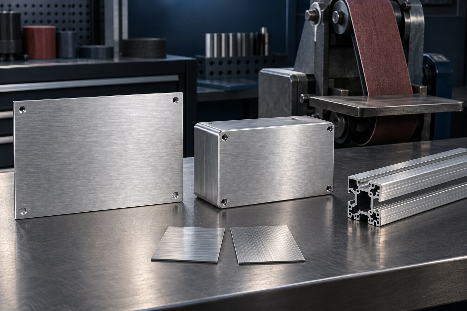Brushed aluminum panels enclosure extrusion and directional finish comparison coupons