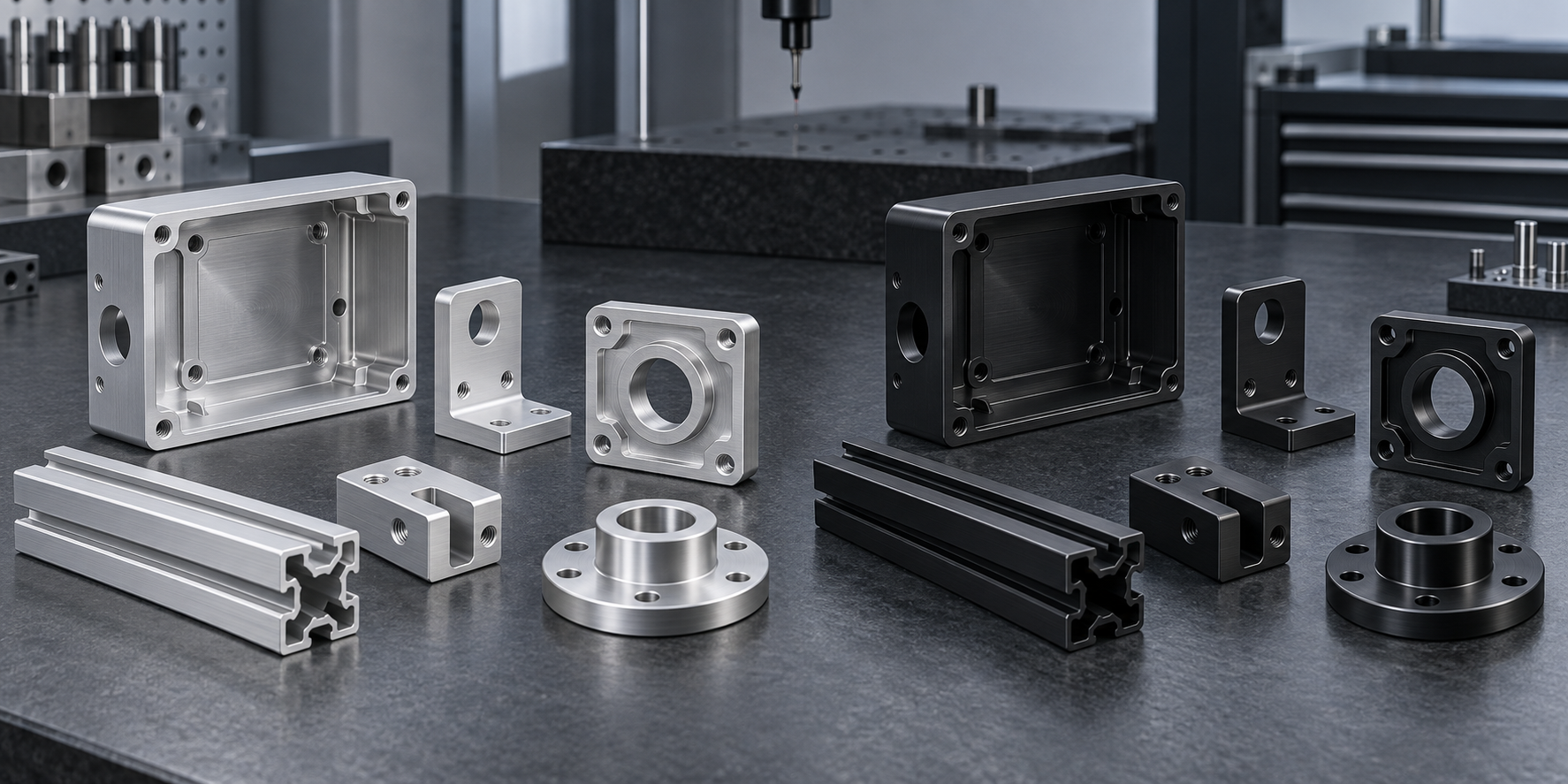 Matching precision aluminum parts displayed in clear anodized and black anodized finishes
