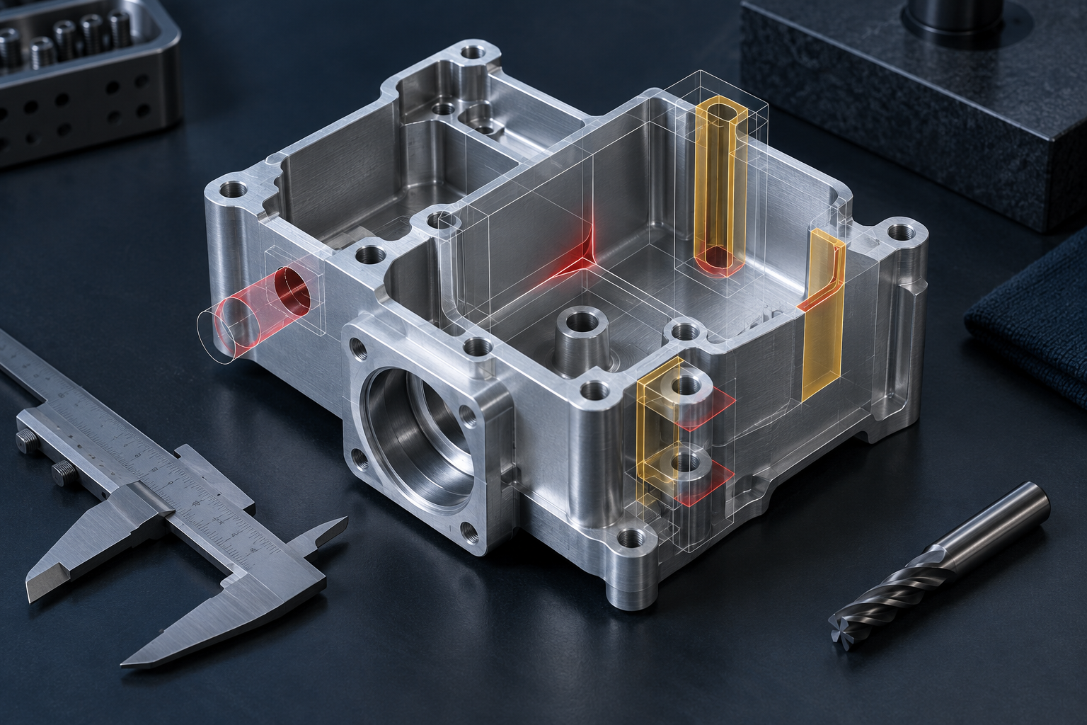Conceptual CNC machined aluminum housing with highlighted inaccessible and difficult design features