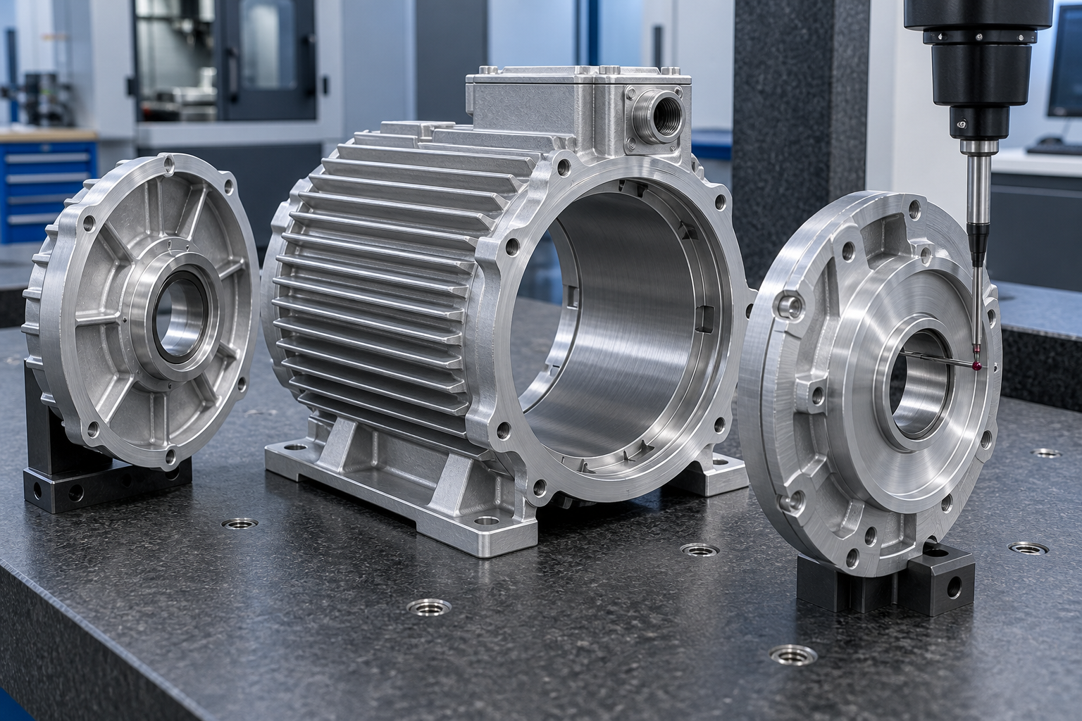 CNC-machined aluminum motor housing and end shields with bearing bores stator seat cooling fins and CMM inspection
