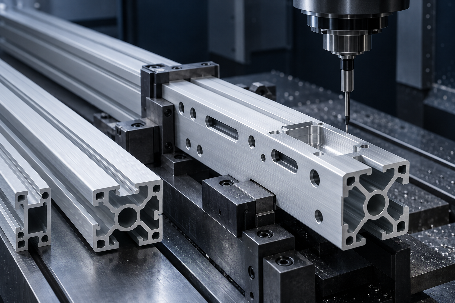 Conceptual aluminum extrusion profiles with machined holes slots end faces and locating features