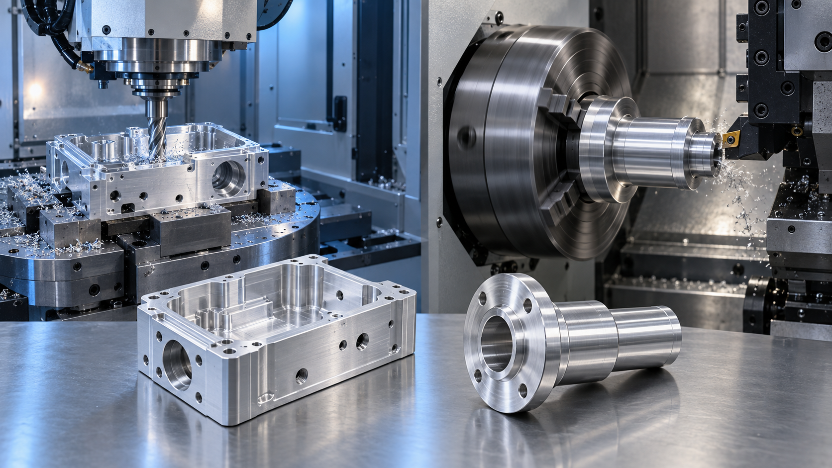 CNC milling an aluminum housing beside CNC turning an aluminum shaft