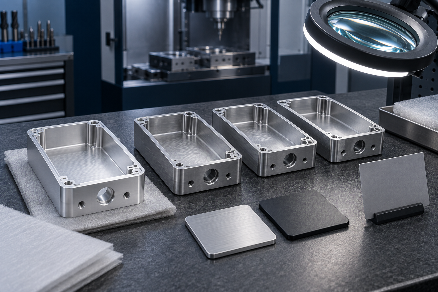 Matching CNC machined aluminum enclosures inspected with finish samples under controlled lighting