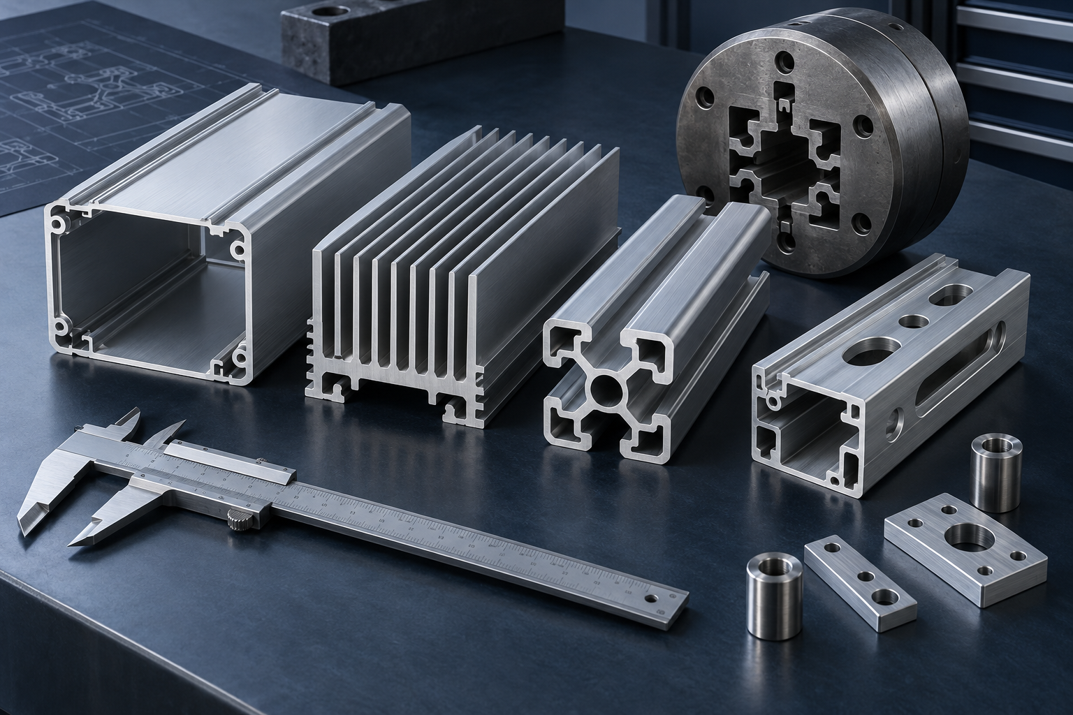 Custom aluminum extrusion profiles, extrusion die and measuring caliper arranged for an engineering design review
