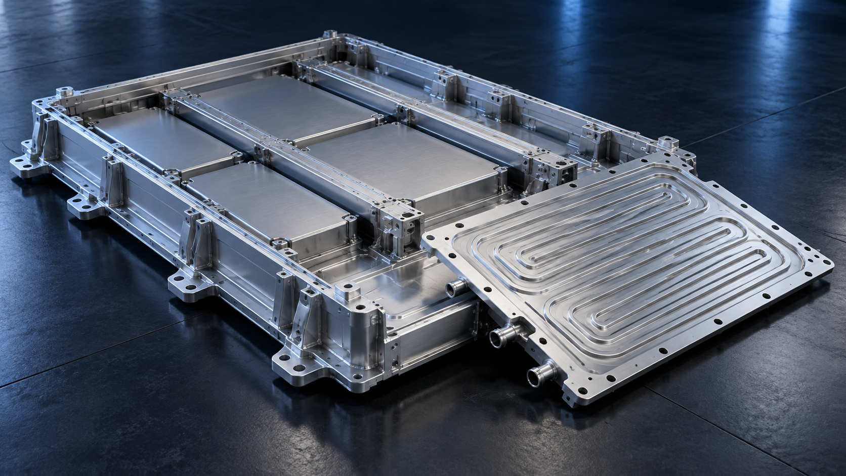 Conceptual EV battery enclosure with aluminum frame tray cross-members and a separate liquid cooling plate
