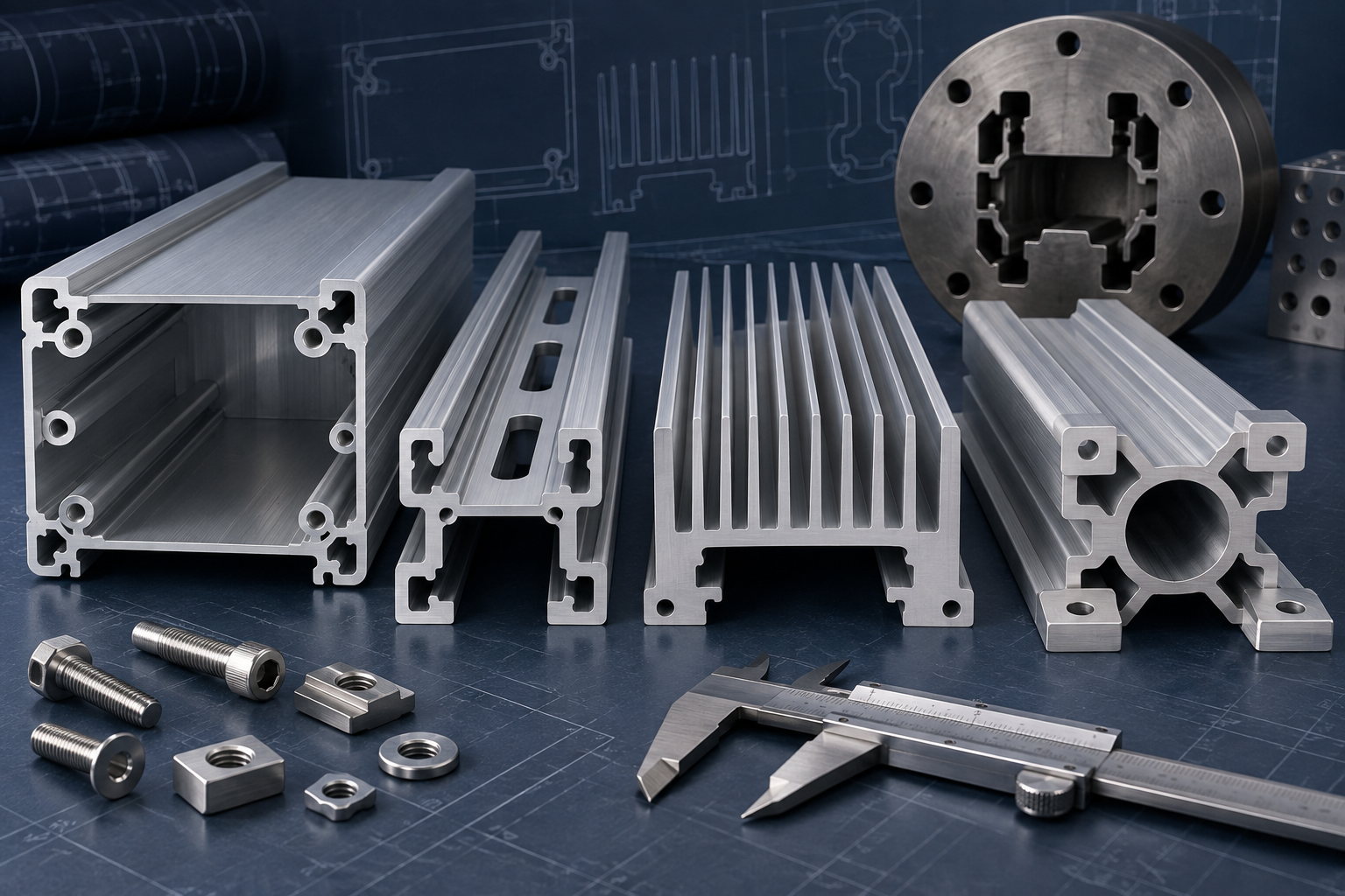 Aluminum extrusion profiles integrating screw bosses, channels, fins and mounting features