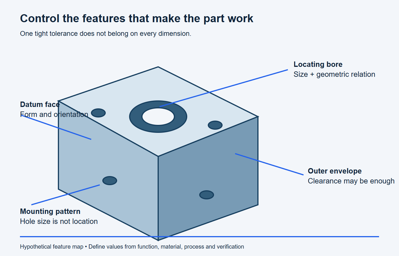 Diagram of a machined aluminum housing separating a locating bore, datum face, mounting holes and noncritical envelope