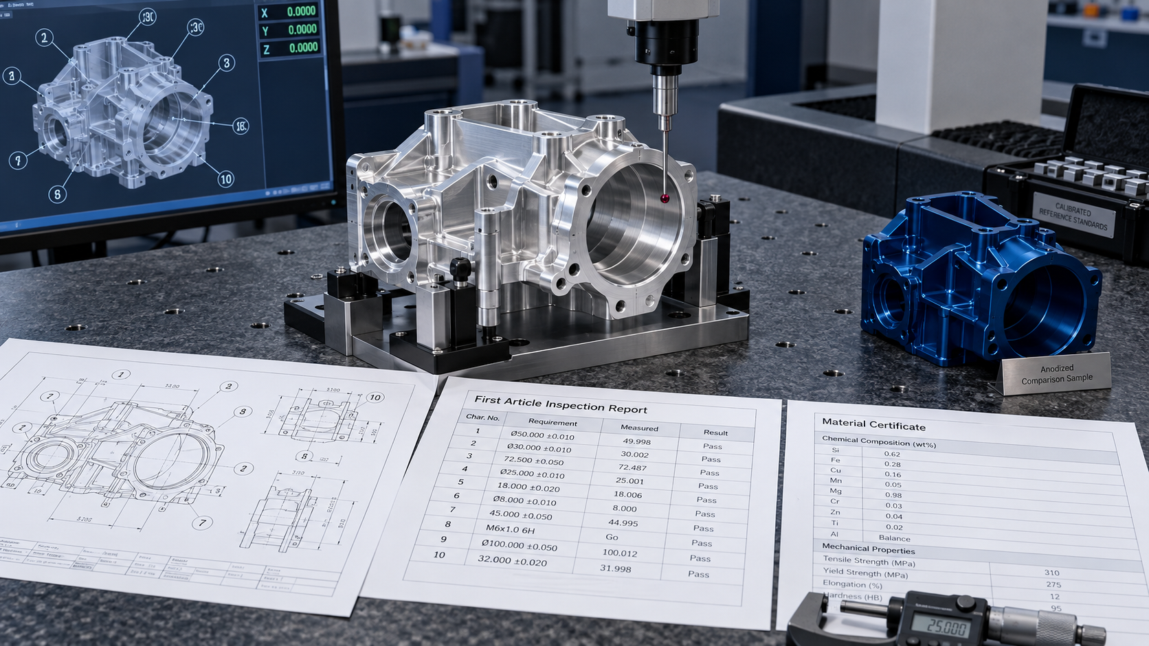 CNC machined aluminum housing undergoing CMM first article inspection with ballooned drawing report certificate and calibrated instruments