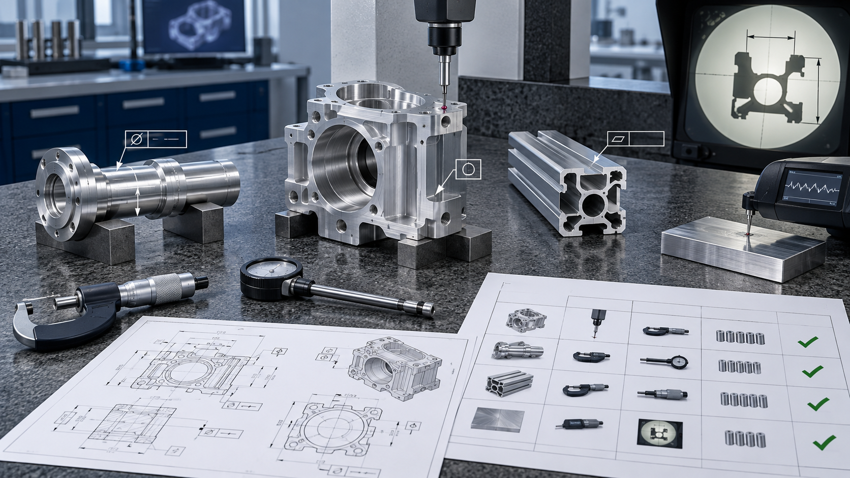 Custom aluminum housing turned part and extrusion inspected with CMM micrometer bore gauge optical system and controlled drawing