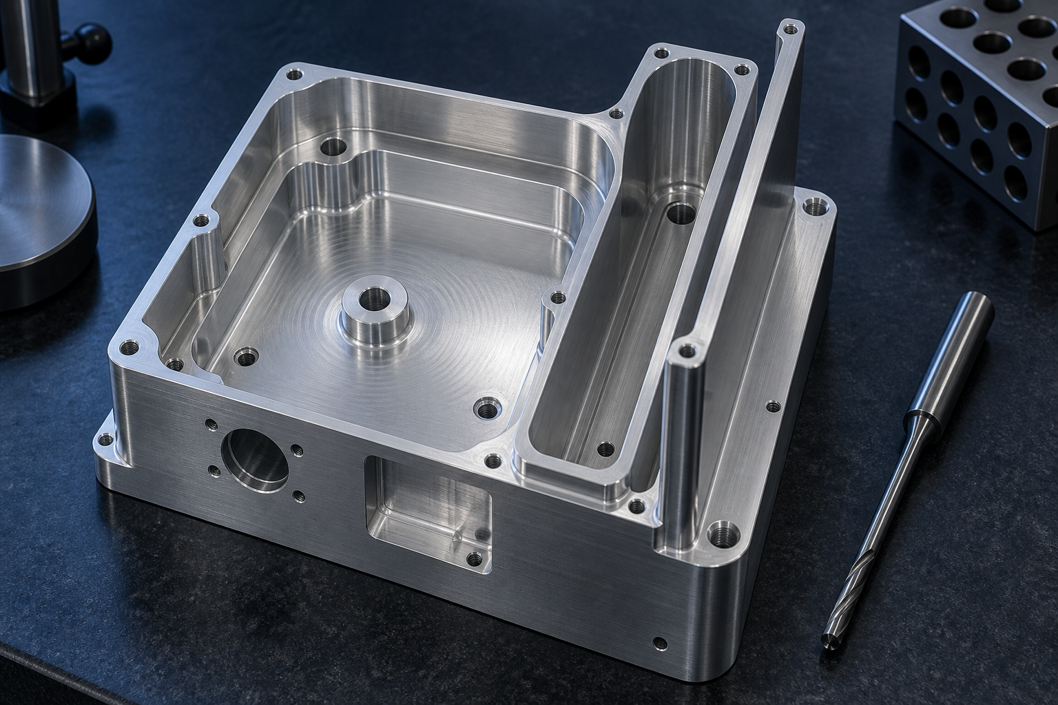 Conceptual machined aluminum enclosure showing rounded internal corners, a deep pocket and a thin wall