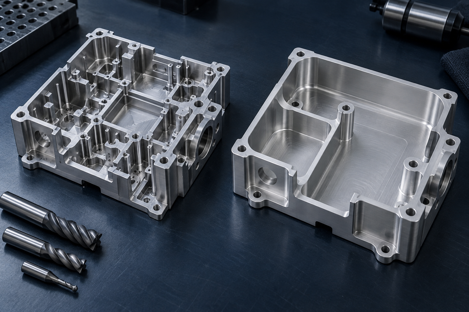 Conceptual comparison of complex and simplified CNC machined aluminum enclosure designs