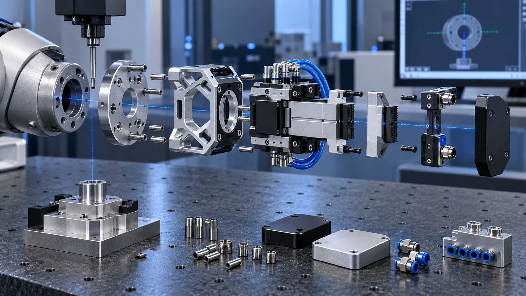 Exploded aluminum robot end effector with adapter plate lightweight frame gripper jaws pneumatic manifold sensors and CMM inspection