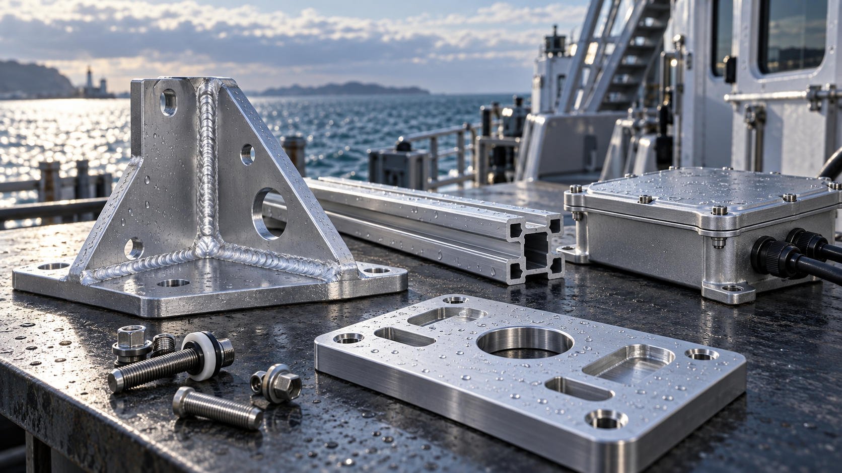 Marine aluminum welded bracket machined plate extrusion sealed housing and isolated stainless fasteners beside seawater