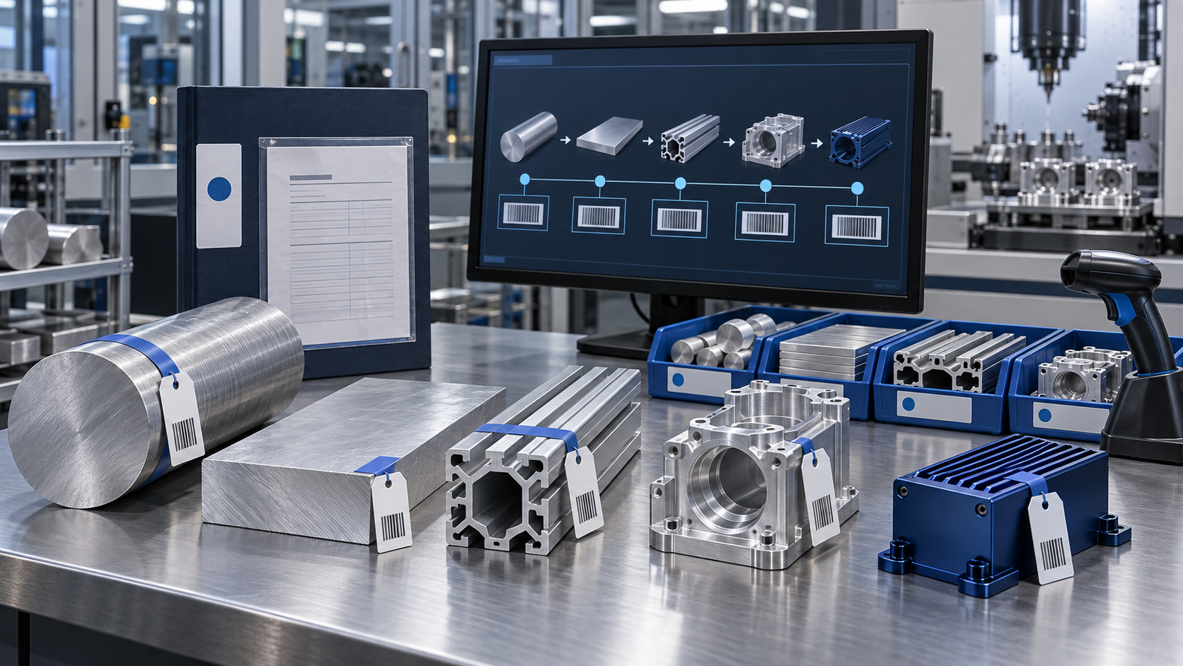 Aluminum billet plate extrusion machined housing and anodized component connected by barcode tags and digital traceability records