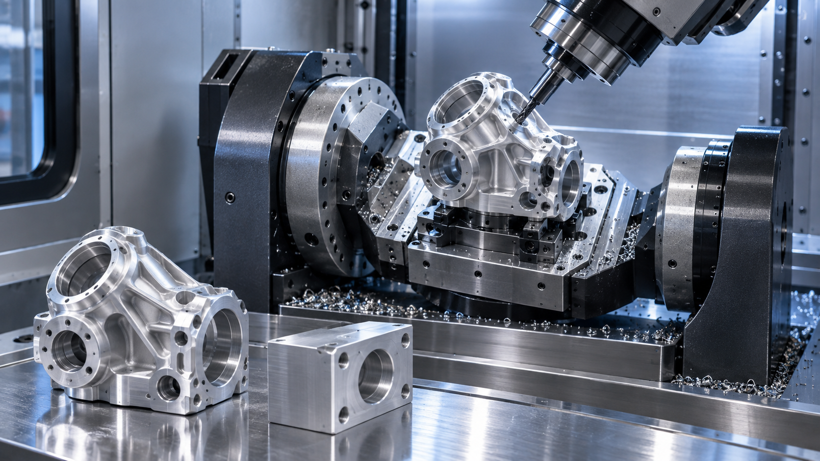 Complex aluminum housing positioned on a dual-rotary multi-axis CNC machining fixture