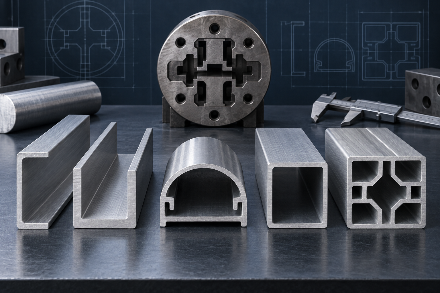 Open, semi-hollow and closed aluminum extrusion profiles displayed beside an extrusion die